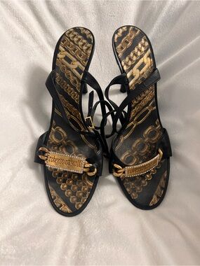 Roberto Cavalli Black Sandals with Gold Chain Motif and Logo Plaque